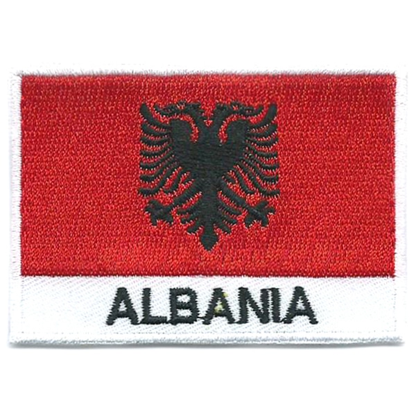 Embroidered iron on national flag of Albania with name text.