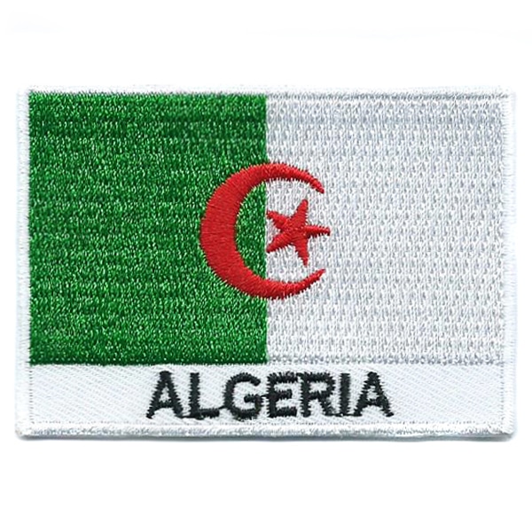 Embroidered iron on national flag of Algeria with name text.