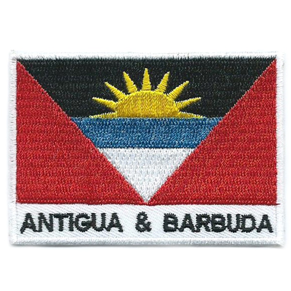 Embroidered iron on national flag of Antigua and Barbuda with name text.