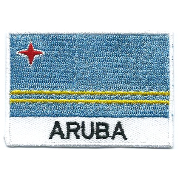 Embroidered iron on national flag of Aruba with name text.
