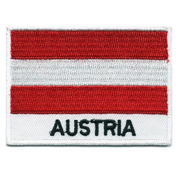 Embroidered iron on national flag of Austria with name text.