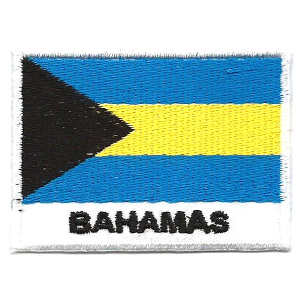 Embroidered iron on national flag of Bahamas with name text.