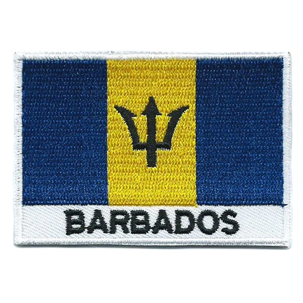 Embroidered iron on national flag of Barbados with name text.