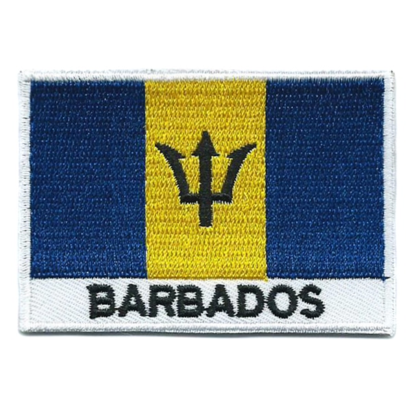 Embroidered iron on national flag of Barbados with name text.