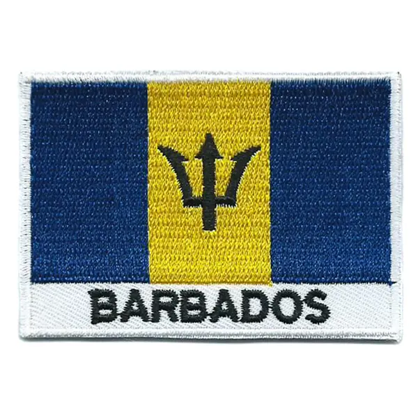 Embroidered iron on national flag of Barbados with name text.