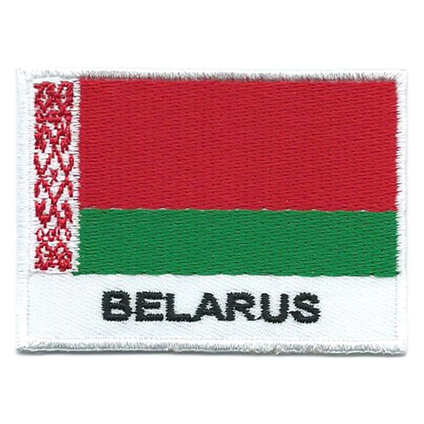 Embroidered iron on national flag of Belarus with name text.