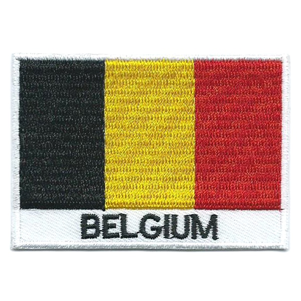 Embroidered iron on national flag of Belgium with name text.