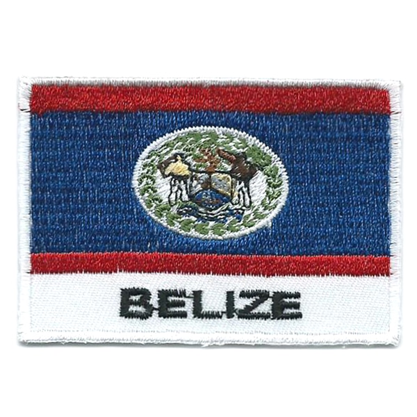 Embroidered iron on national flag of Belize with name text.