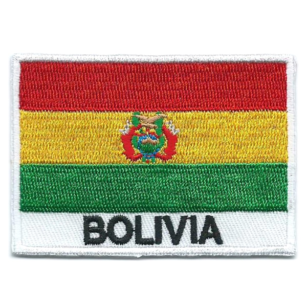 Embroidered iron on national flag of Bolivia with name text.