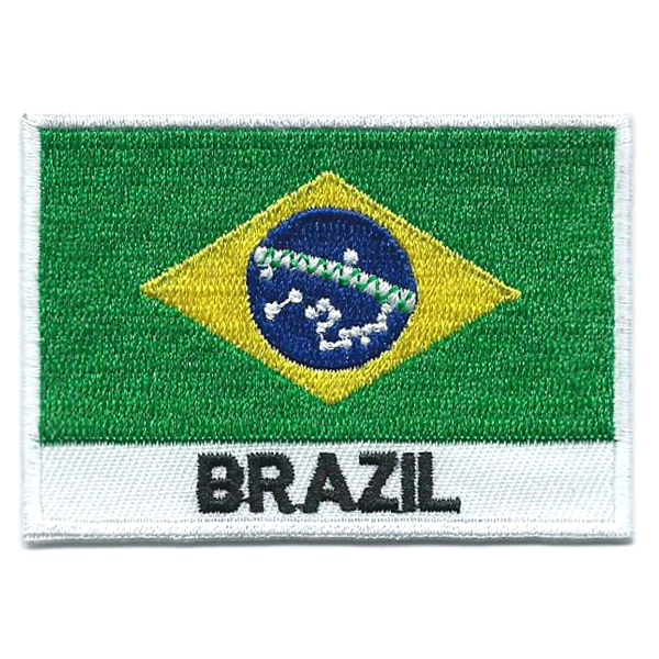 Embroidered iron on national flag of Brazil with name text.