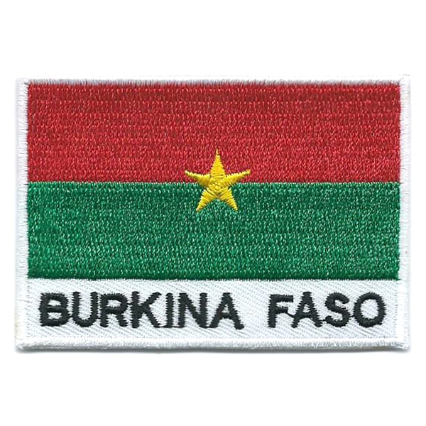 Embroidered iron on national flag of Burkina Faso with name text.