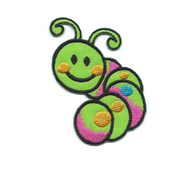 Embroidered patch of a cute green smiling caterpillar