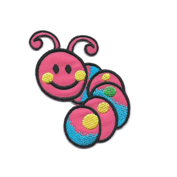 Embroidered patch of a cute pink smiling caterpillar