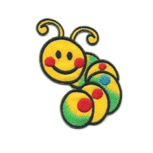 Embroidered patch of a cute yellow smiling caterpillar