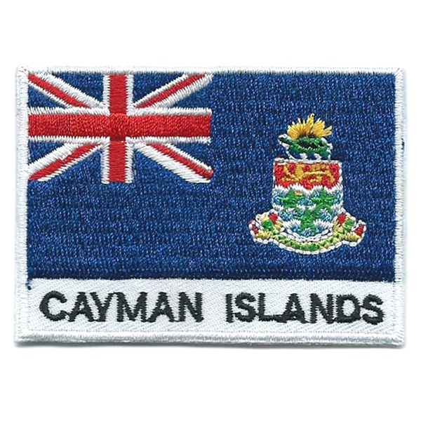 Embroidered iron on national flag of the Cayman Islands with name text.