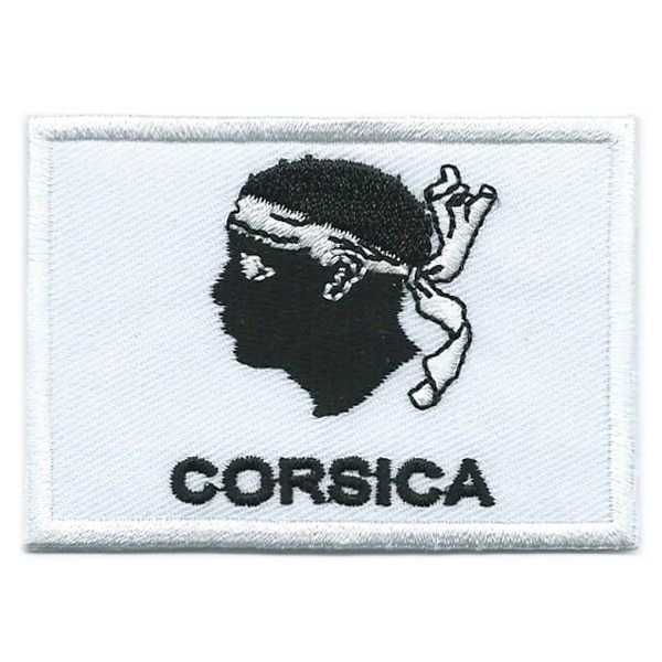 Embroidered iron on national flag of Corsica with name text.