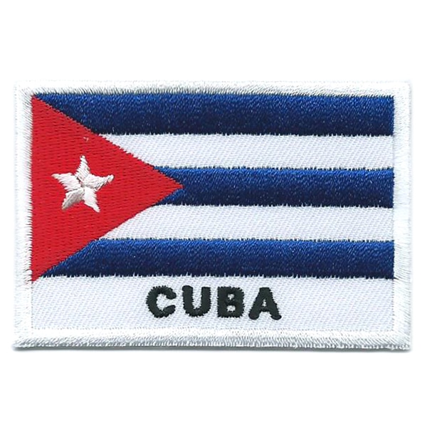 Embroidered iron on national flag of Cuba with name text.