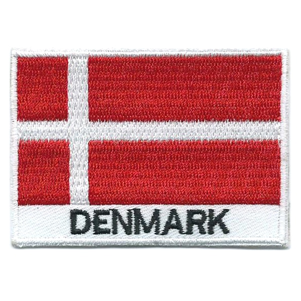 Embroidered iron on national flag of Denmark with name text.