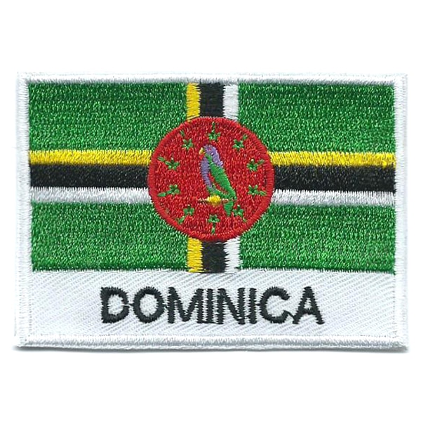 Embroidered iron on national flag of Dominica with name text.