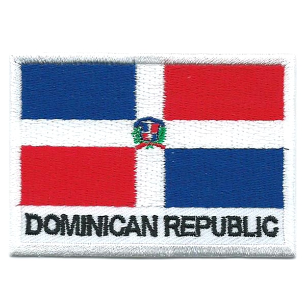 Embroidered iron on national flag of the Dominican Republic with name text.