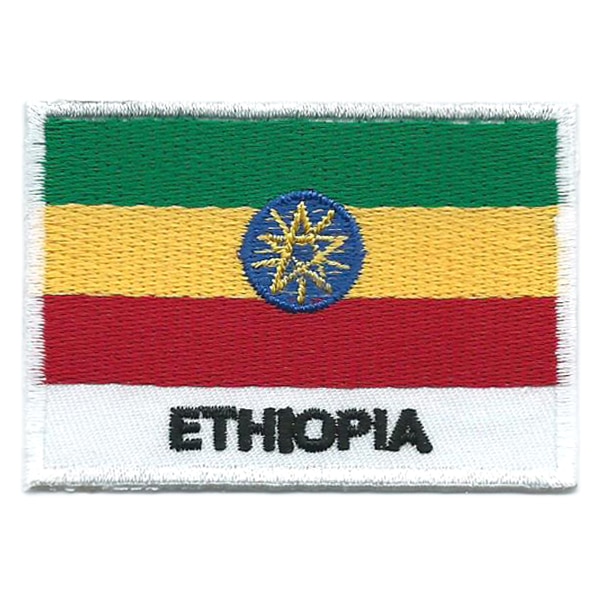 Embroidered iron on national flag of Ethiopia with name text.