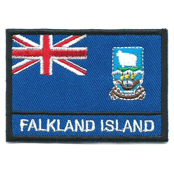 Embroidered iron on national flag of Falkland Islands with name text.