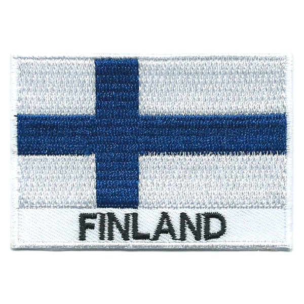 Embroidered iron on national flag of Finland with name text.