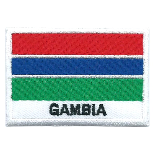 Embroidered iron on national flag of The Gambia with name text.