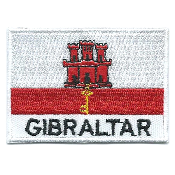 Embroidered iron on national flag of Gibraltar with name text.