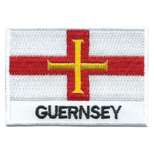 Embroidered iron on national flag of Guernsey with name text.