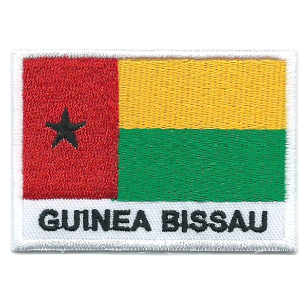 Embroidered iron on national flag of Guinea Bissau with name text.