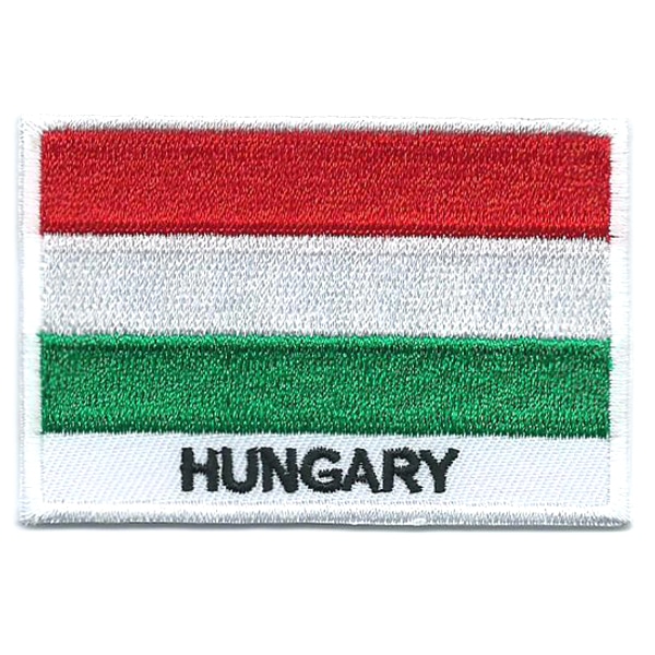 Embroidered iron on national flag of Hungary with name text.