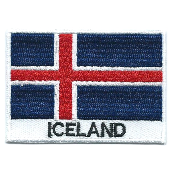 Embroidered iron on national flag of Iceland with name text.