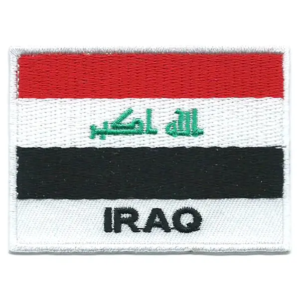 Embroidered iron on national flag of Iraq with name text.