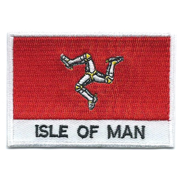 Embroidered iron on national flag of the Isle of Man with name text.