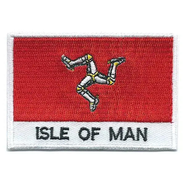 Embroidered iron on national flag of the Isle of Man with name text.