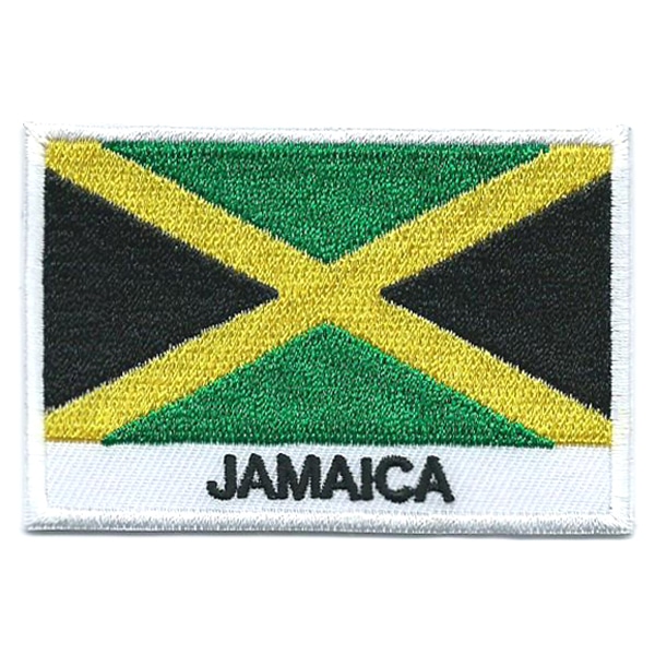Embroidered iron on national flag of Jamaica with name text.