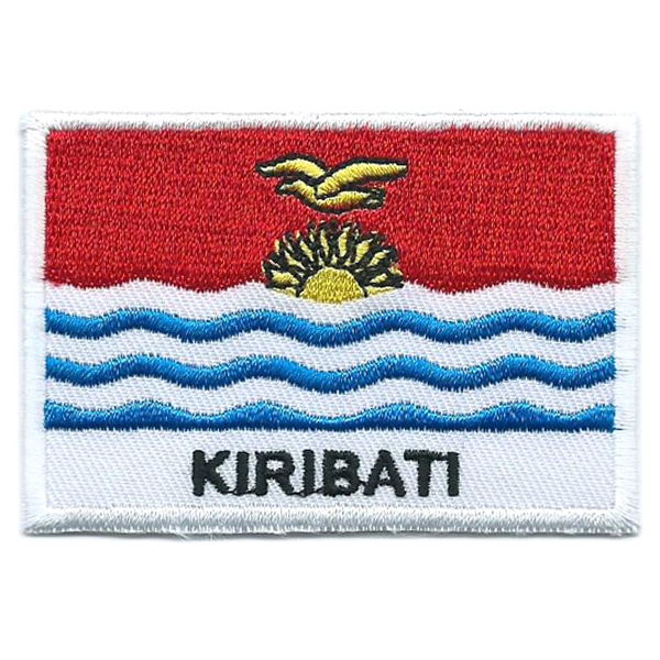Embroidered iron on national flag of Kiribati with name text.