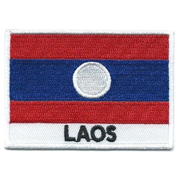 Embroidered iron on national flag of Laos with name text.