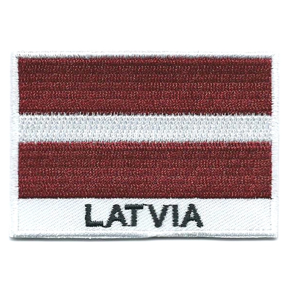 Embroidered iron on national flag of Latvia with name text.