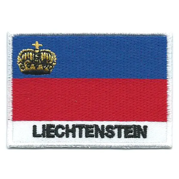 Embroidered iron on national flag of Liechtenstein with name text.