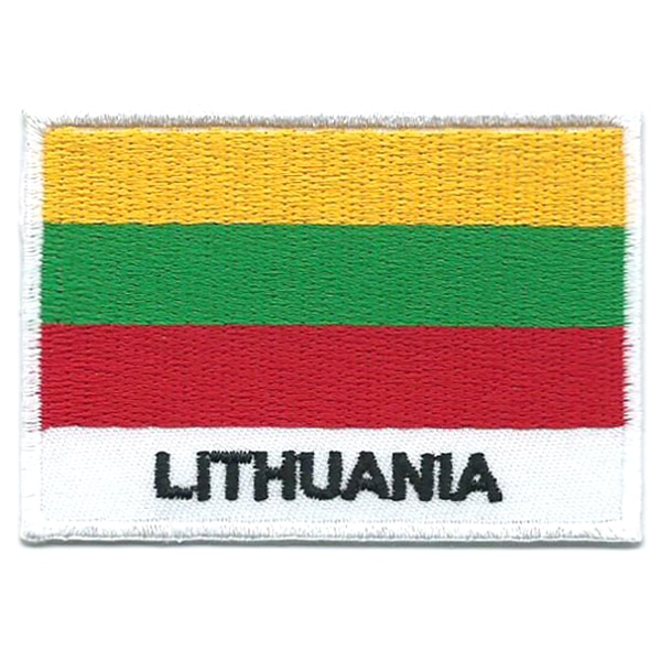Embroidered iron on national flag of Lithuania with name text.