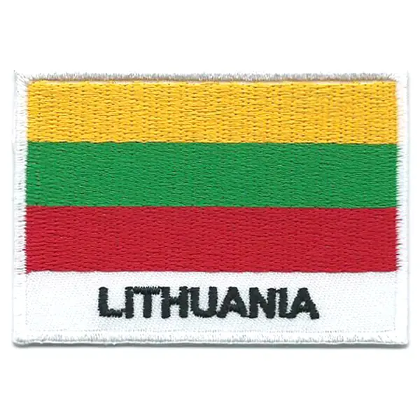 Embroidered iron on national flag of Lithuania with name text.
