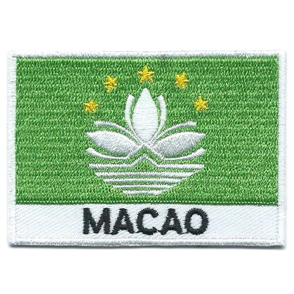 Embroidered iron on national flag of Macao with name text.