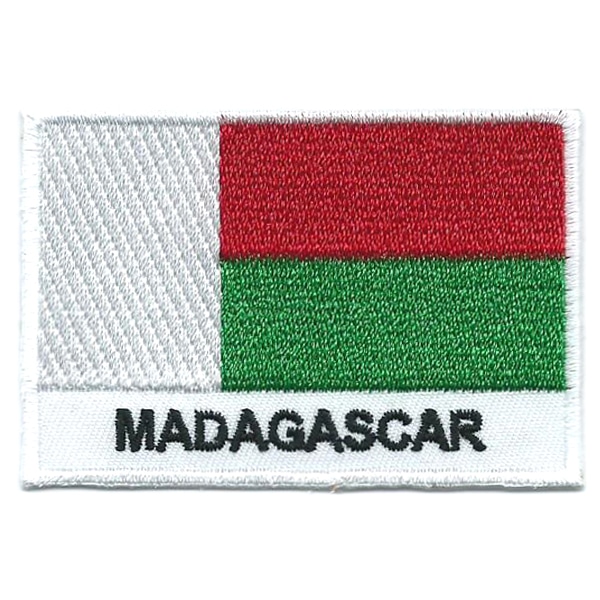 Embroidered iron on national flag of Madagascar with name text.