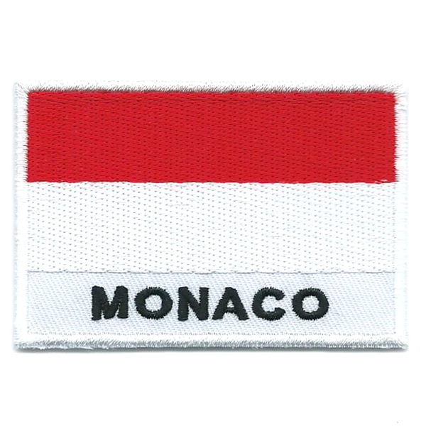 Embroidered iron on national flag of Monaco with name text.