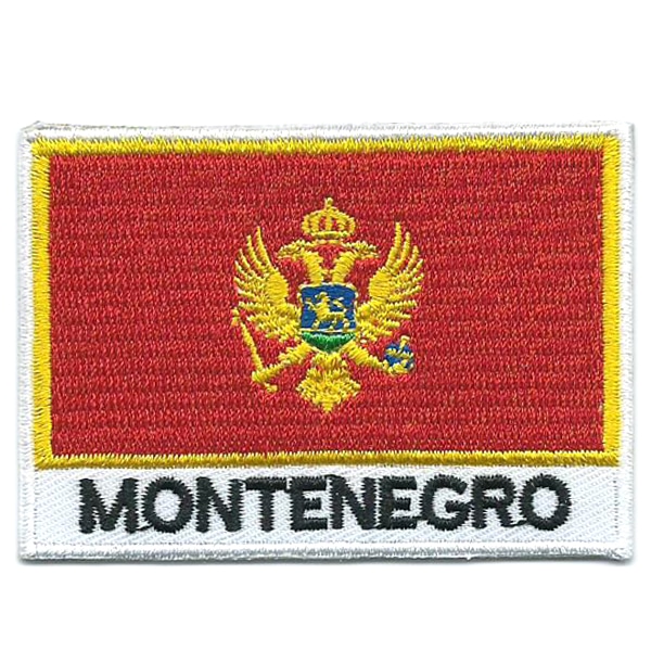 Embroidered iron on national flag of Montenegro with name text.