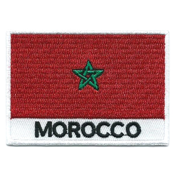 Embroidered iron on national flag of Morocco with name text.