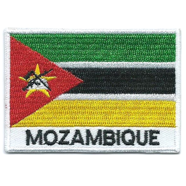 Embroidered iron on national flag of Mozambique with name text.