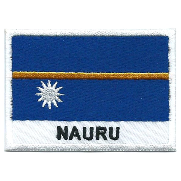Embroidered iron on national flag of Nauru with name text.